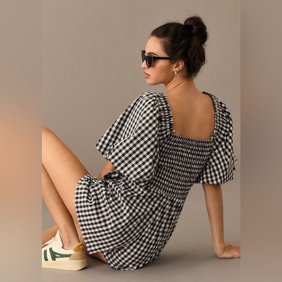 Anthropologie Self Contrast Amadi Gingham Puff Sleeve Romper with Pockets - Picture 3 of 10